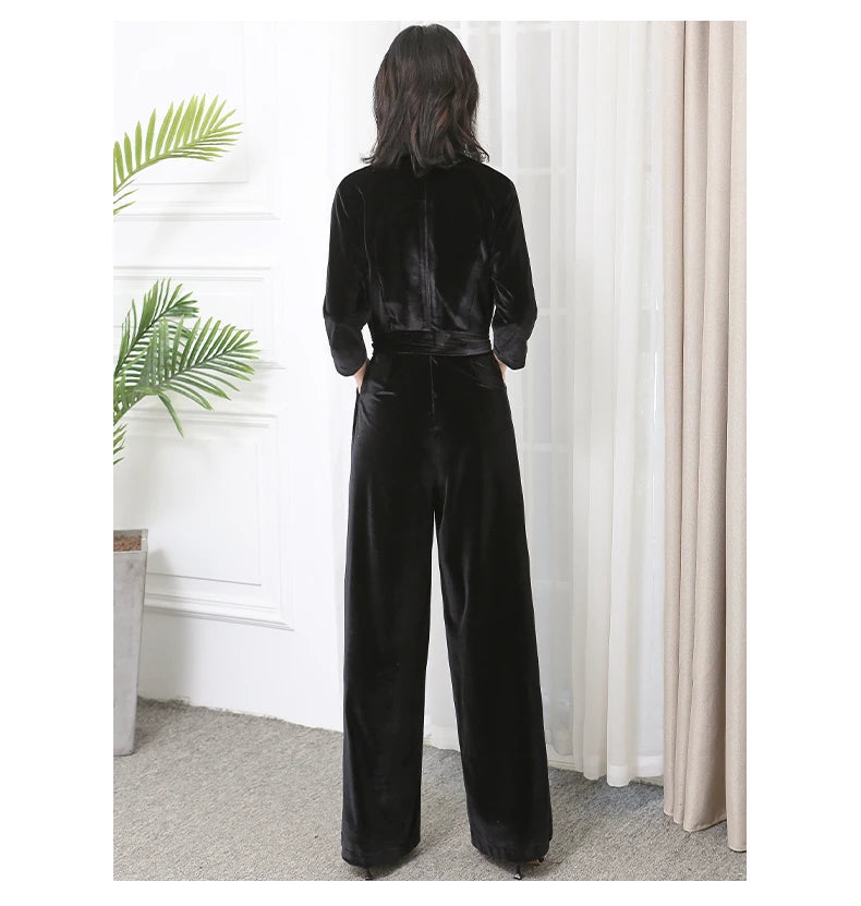 Nerazzurri Spring Autumn Long Soft Flowy Red Velvet Jumpsuit Women with Sleeves Sashes Maxi Black Wide Leg Floor Length Clothes Badiee Stylez