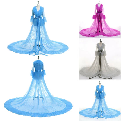 Combhasaki Women Lingerie Lace Sheer Mesh Tulle Perspective V neck layered Ruffle Maxi Floor Long Bath Robe Gown Sleepwear Dress