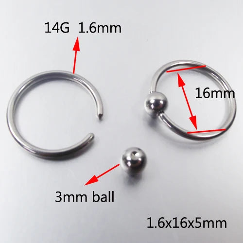 SaYao 2 Pieces Big Stainless Steel Captive Hoop Rings BCR Eyebrow Tragus Ear Piercing Nose Closure Nipple PA Ring Body Jewelry 1.6x16x5mm 14G