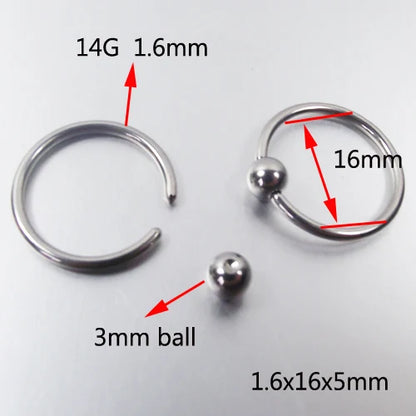 SaYao 2 Pieces Big Stainless Steel Captive Hoop Rings BCR Eyebrow Tragus Ear Piercing Nose Closure Nipple PA Ring Body Jewelry 1.6x16x5mm 14G