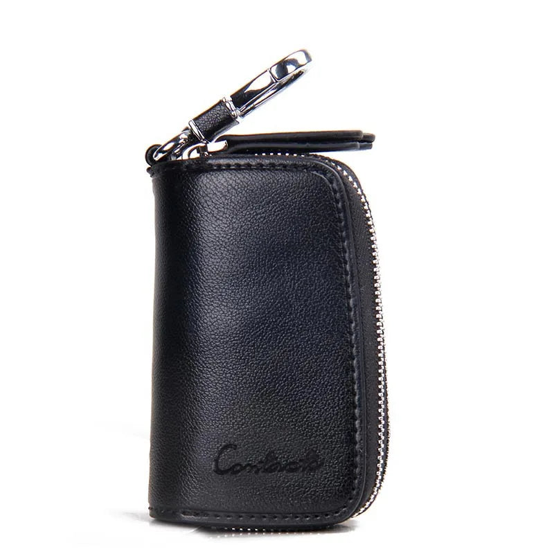 CONTACT'S Classic New Double Zip Men's Genuine Cow Leather Car Key Holder Multifunction Housekeeper High Class Motor Key Case Black CHINA