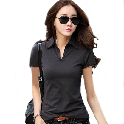 95% Cotton T shirt Summer Polo Shirt Women Short Sleeve Solid Slim Polos Mujer Shirts Tops Fashion Plus Size Polo Femme Dark Gray
