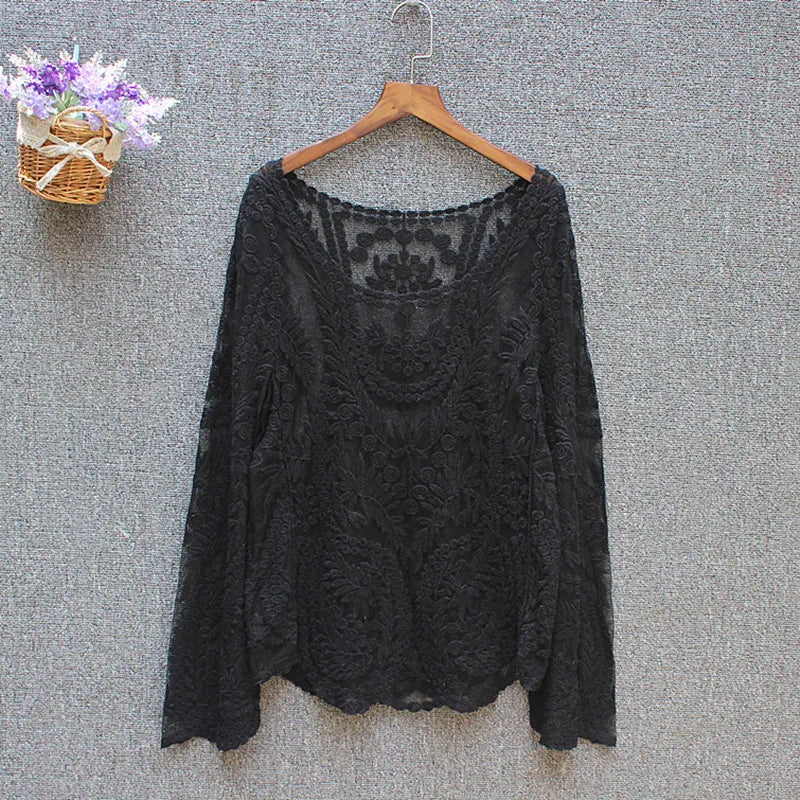 Loose Tops Ladies Spring Summer Sexy Transparent Beach Cover Up Hollow Out Crochet Lace Shirt Women Long Sleeve Lace Blouses