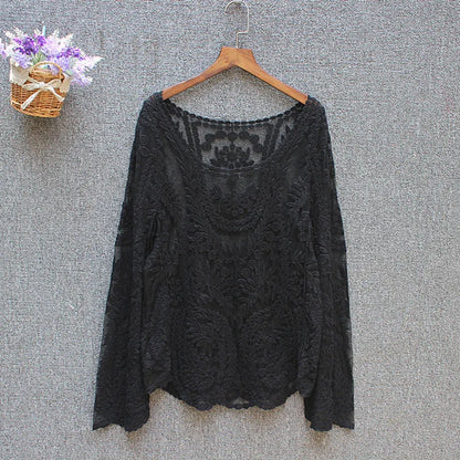 Loose Tops Ladies Spring Summer Sexy Transparent Beach Cover Up Hollow Out Crochet Lace Shirt Women Long Sleeve Lace Blouses