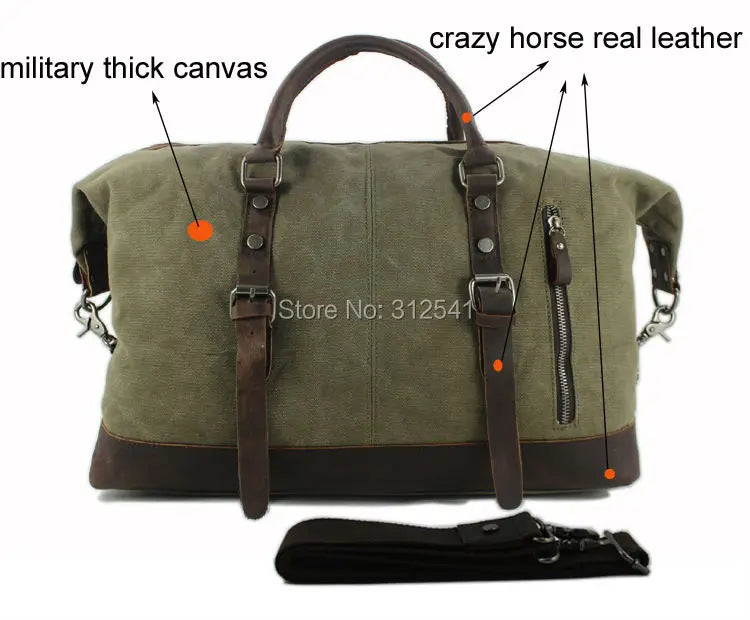 Vintage military Canvas Leather men travel bags Carry on Luggage bags Men Duffel bags travel tote large weekend Bag Overnight