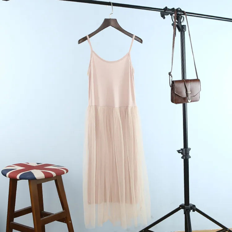 Spring and summer new Sexy Spaghetti Strap Patchwork Mesh Dress Women Gauze Lace Tank Casual Dresses Sundress Party Vestidos