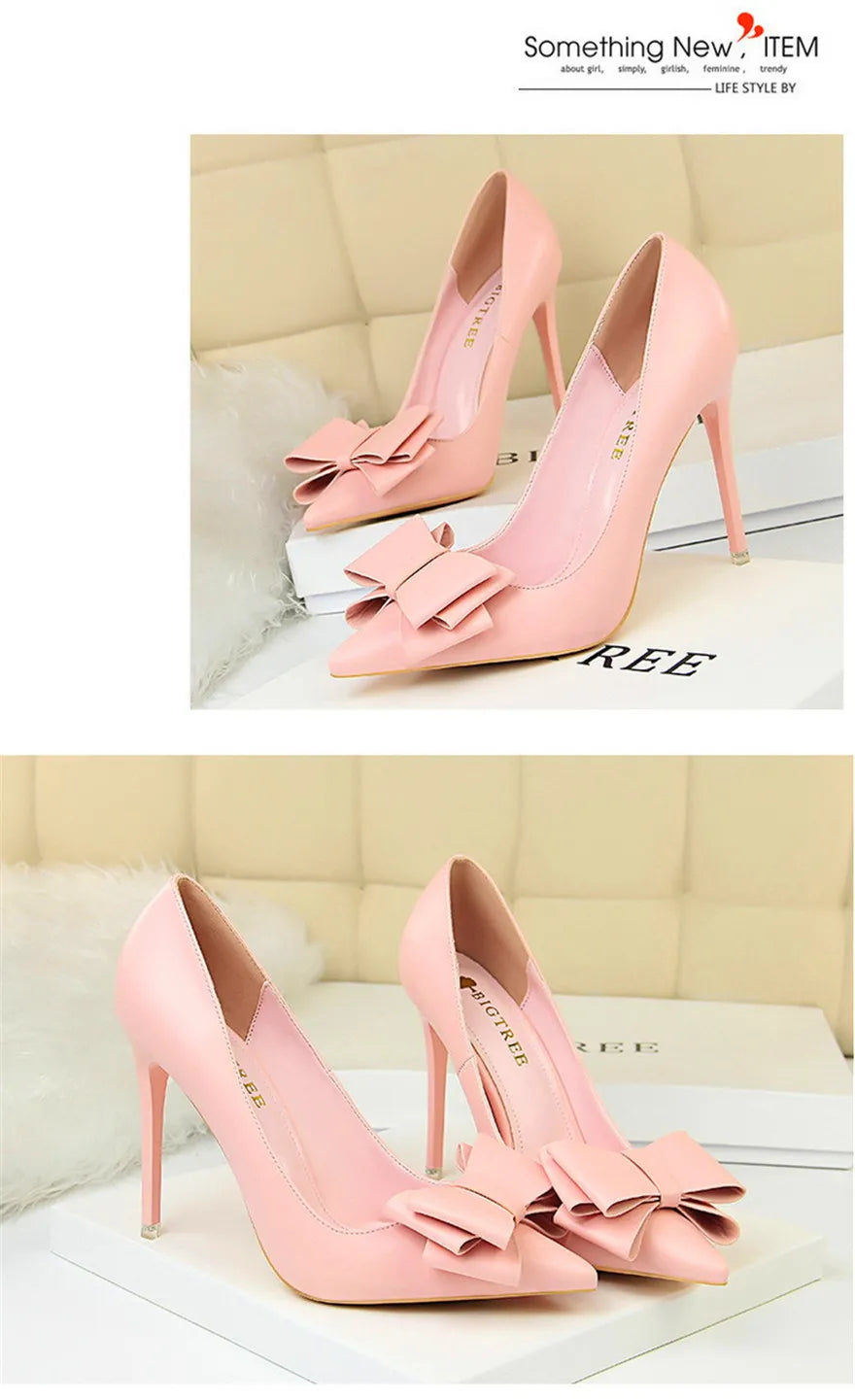 BIGTREE Red Blue Black Shoes Bowknot Sweet Woman Pumps Soft Leather Pointy Toe Women High Heels Stiletto Dress Office Lady Shoes