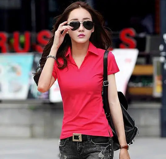 95% Cotton T shirt Summer Polo Shirt Women Short Sleeve Solid Slim Polos Mujer Shirts Tops Fashion Plus Size Polo Femme Red