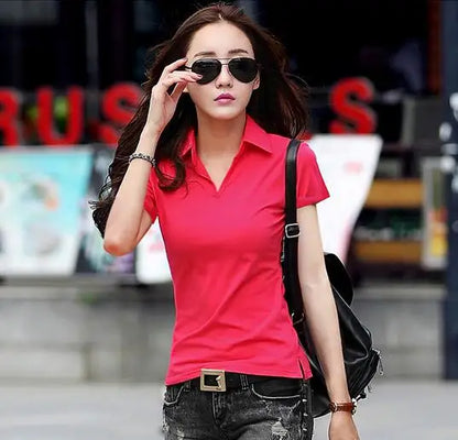 95% Cotton T shirt Summer Polo Shirt Women Short Sleeve Solid Slim Polos Mujer Shirts Tops Fashion Plus Size Polo Femme Red