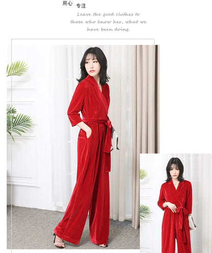 Nerazzurri Spring Autumn Long Soft Flowy Red Velvet Jumpsuit Women with Sleeves Sashes Maxi Black Wide Leg Floor Length Clothes Badiee Stylez