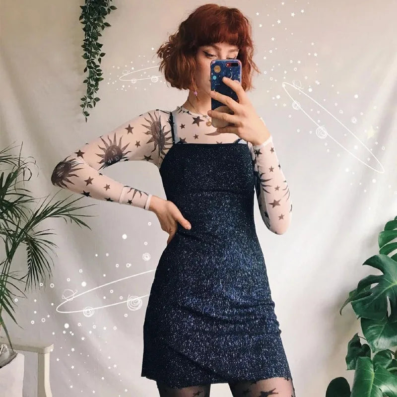 Sun Moon Printed Transparent Mesh Sexy T-Shirt Women O-Neck Long Sleeve Slim Basic Casual Female Tops 2023 Spring New