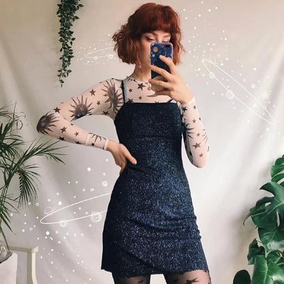 Sun Moon Printed Transparent Mesh Sexy T-Shirt Women O-Neck Long Sleeve Slim Basic Casual Female Tops 2023 Spring New