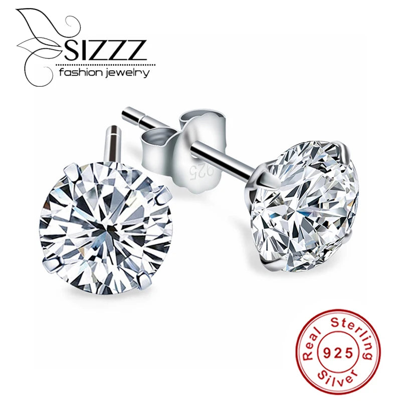 Crystal Zircon Real 925 Sterling Silver Earrings Channel Cubic Zirconia Silver Stud Earrings for Women Sterling Silver Jewelry 8MM