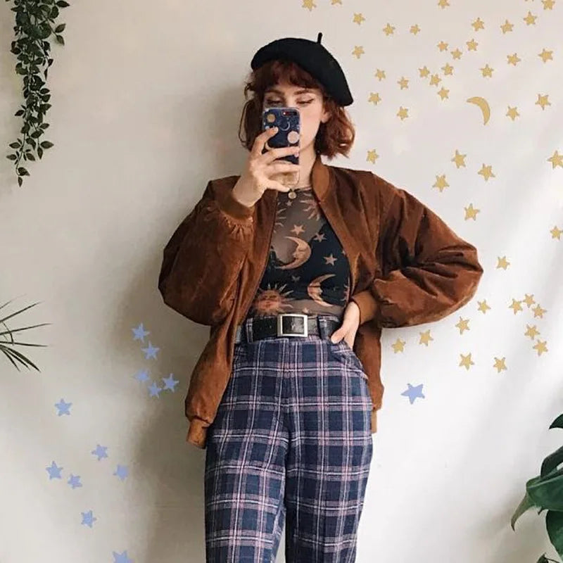 Sun Moon Printed Transparent Mesh Sexy T-Shirt Women O-Neck Long Sleeve Slim Basic Casual Female Tops 2023 Spring New