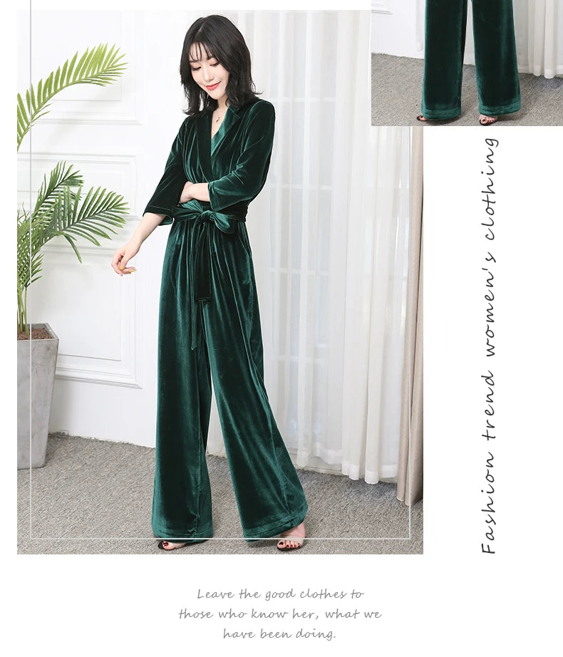 Nerazzurri Spring Autumn Long Soft Flowy Red Velvet Jumpsuit Women with Sleeves Sashes Maxi Black Wide Leg Floor Length Clothes Badiee Stylez