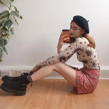 Sun Moon Printed Transparent Mesh Sexy T-Shirt Women O-Neck Long Sleeve Slim Basic Casual Female Tops 2023 Spring New