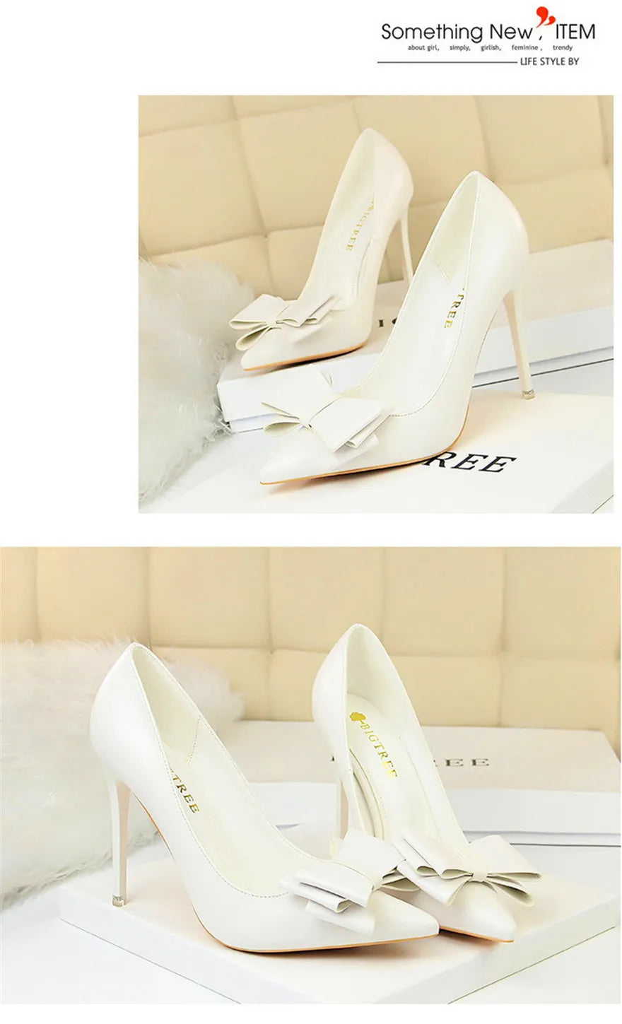 BIGTREE Red Blue Black Shoes Bowknot Sweet Woman Pumps Soft Leather Pointy Toe Women High Heels Stiletto Dress Office Lady Shoes