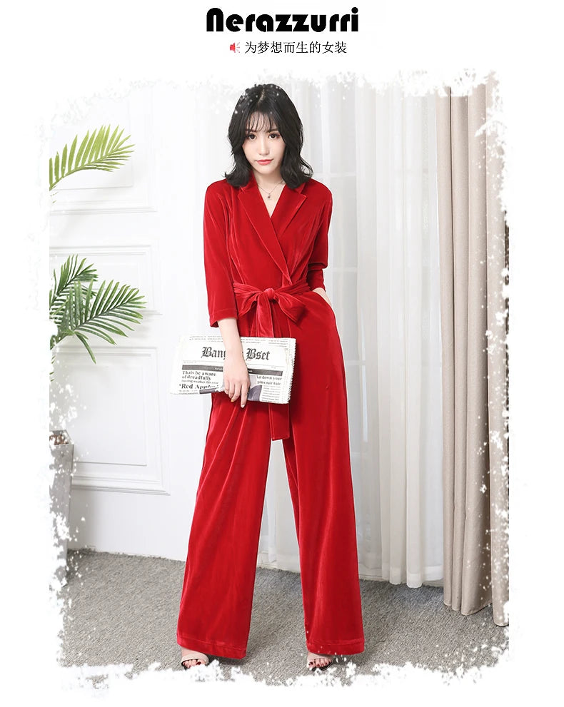 Nerazzurri Spring Autumn Long Soft Flowy Red Velvet Jumpsuit Women with Sleeves Sashes Maxi Black Wide Leg Floor Length Clothes Badiee Stylez