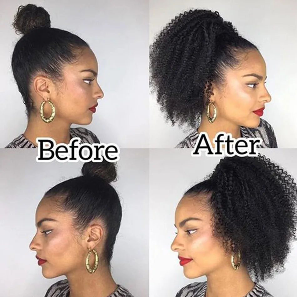 Alibele Mogolian Afro Kinky Curly Drawstring Ponytail Human Hair Extensions 4B 4C Remy 10-28inch Long Clip In Ponytail Extension - Badiee Stylez