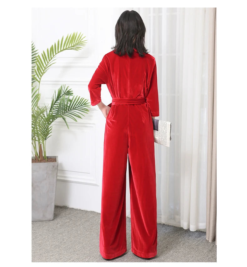 Nerazzurri Spring Autumn Long Soft Flowy Red Velvet Jumpsuit Women with Sleeves Sashes Maxi Black Wide Leg Floor Length Clothes Badiee Stylez
