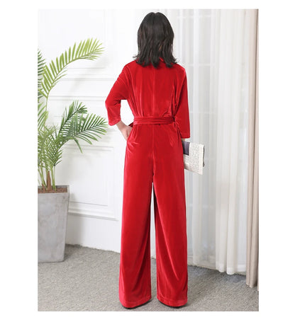 Nerazzurri Spring Autumn Long Soft Flowy Red Velvet Jumpsuit Women with Sleeves Sashes Maxi Black Wide Leg Floor Length Clothes Badiee Stylez