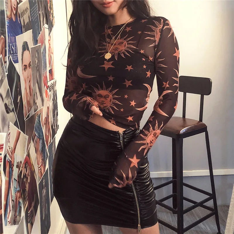 Sun Moon Printed Transparent Mesh Sexy T-Shirt Women O-Neck Long Sleeve Slim Basic Casual Female Tops 2023 Spring New