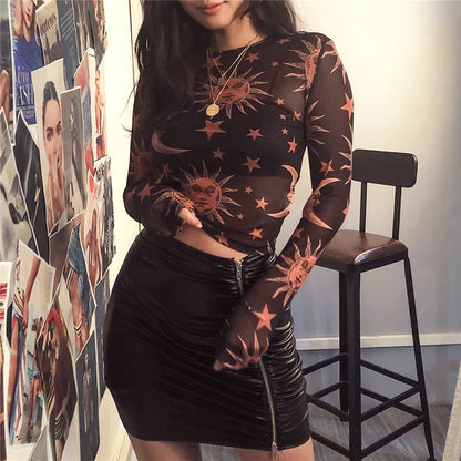 Sun Moon Printed Transparent Mesh Sexy T-Shirt Women O-Neck Long Sleeve Slim Basic Casual Female Tops 2023 Spring New