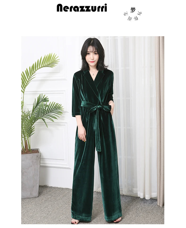 Nerazzurri Spring Autumn Long Soft Flowy Red Velvet Jumpsuit Women with Sleeves Sashes Maxi Black Wide Leg Floor Length Clothes Badiee Stylez