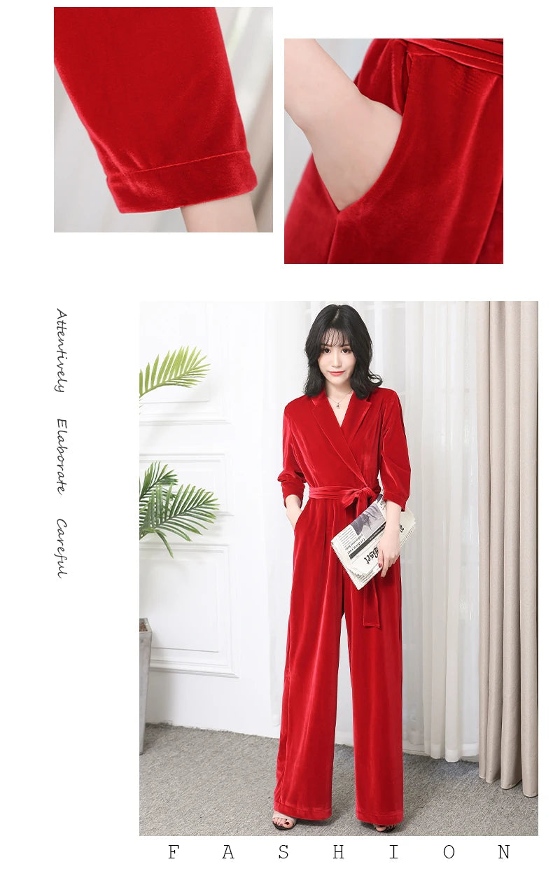 Nerazzurri Spring Autumn Long Soft Flowy Red Velvet Jumpsuit Women with Sleeves Sashes Maxi Black Wide Leg Floor Length Clothes Badiee Stylez