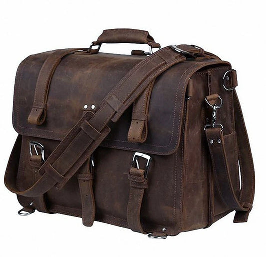 Vintage Crazy Horse Genuine Leather Men Briefcase Business Bag Large Leather Briefcase Male 15.6"Laptop Case Shoulder Bag office