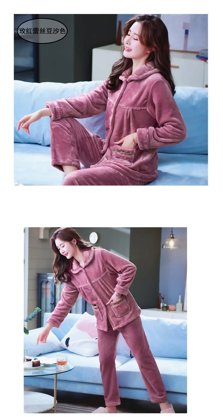 Autumn Winter Thicken Flannel Women Pajamas Set Two-piece suit Warm Loose Long-sleeve Female Casual Home service Single-breasted