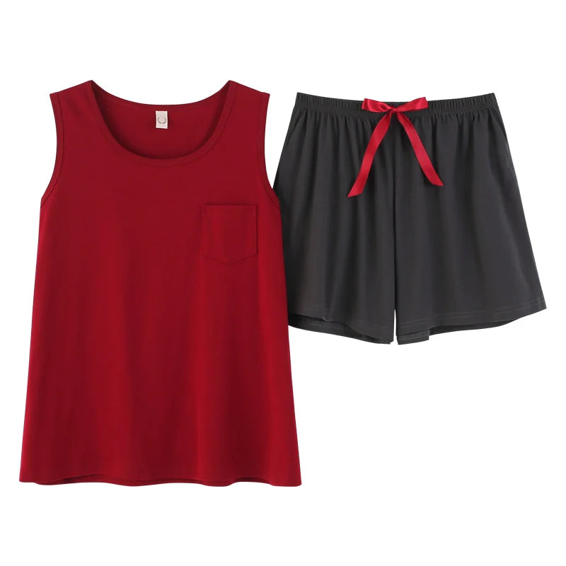 Women Pajamas Set Summer Sexy Sleepwear Sleeveless Lingerie Cotton O-Neck Pure Color Vest + Print Shorts 2 Piece Sets 4XL пижама Y1855