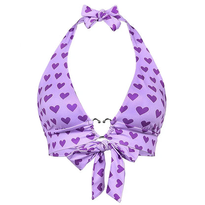 Pink Heart Print Cute Bustier Crop Top Women Aesthetic Kawaii Clothes Sleeveless Backless Lace Up Bralette Camisole PURPLE