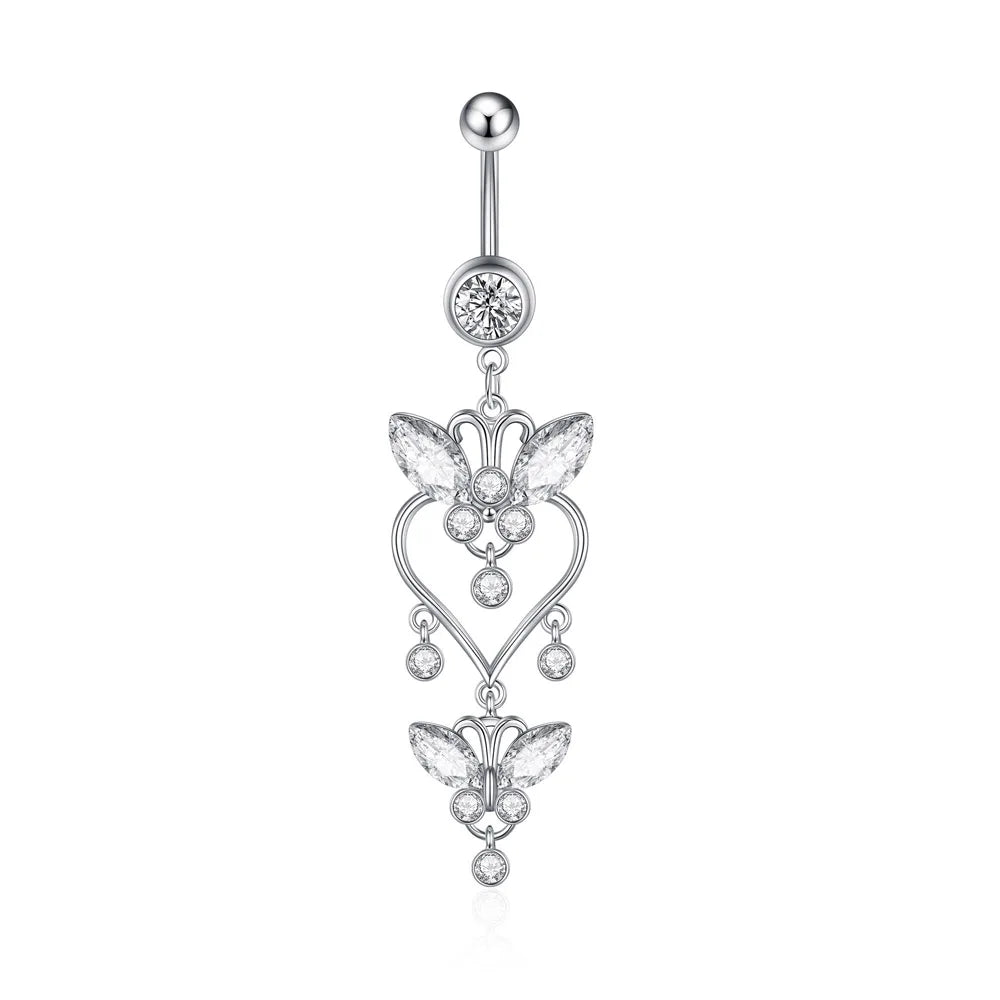 Zircon Crystal Belly Button Ring Dangle Wing Piercing Nombril Ombligo Surgical Steel Barbell Heart Round Navel Stud Body Jewelry 2576-SR