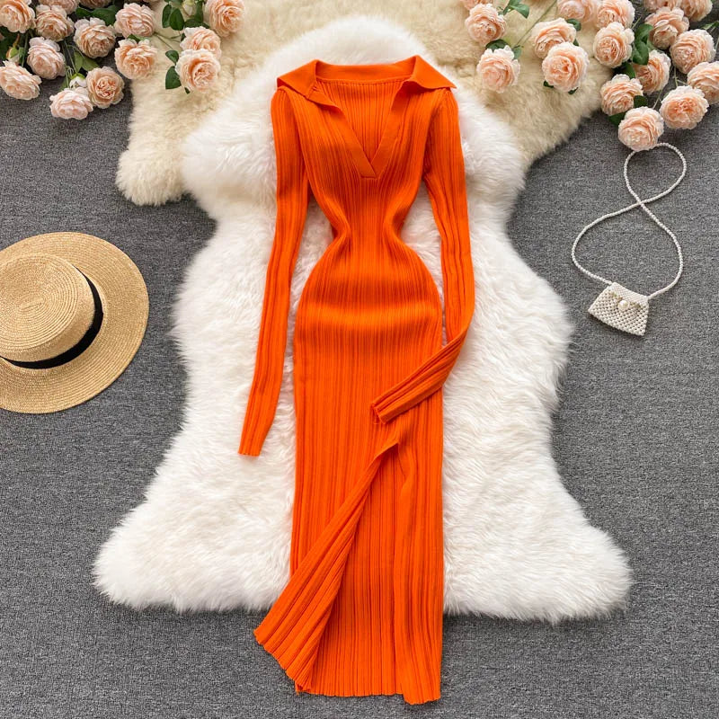 SINGREINY Women Korean Knitted Dress Long Sleeve V Neck Elastic Slim Pencil Dresses 2021 Autumn Sexy Bodycon Split Sweater Dress