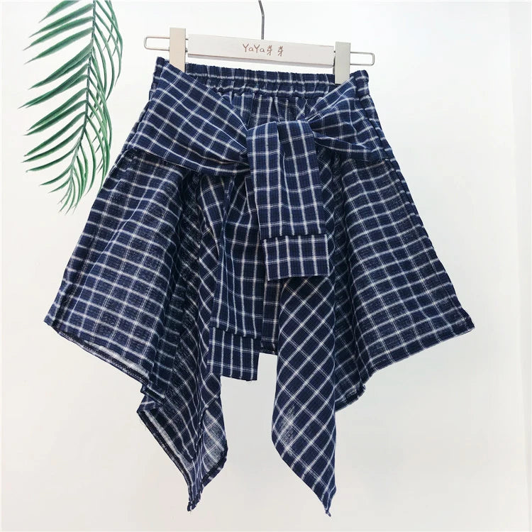 TOTRUST Fashion College Asymmetrical Skirt Women Summer Plaid Skirt Women Casual Students Fake Shirt Mini Skirt Female Saia