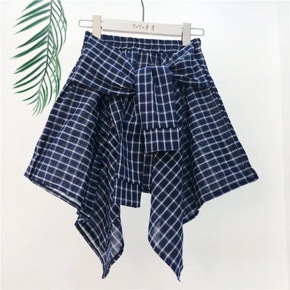 TOTRUST Fashion College Asymmetrical Skirt Women Summer Plaid Skirt Women Casual Students Fake Shirt Mini Skirt Female Saia