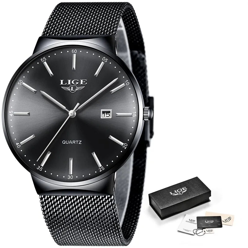 LIGE Fashion Luxury Womens Watch Ultra-thin Steel Mesh Strap Quartz Wristwatch Women Clock Casual Waterproof Watches Reloj Mujer black silver CHINA