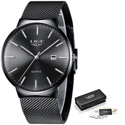 LIGE Fashion Luxury Womens Watch Ultra-thin Steel Mesh Strap Quartz Wristwatch Women Clock Casual Waterproof Watches Reloj Mujer black silver CHINA