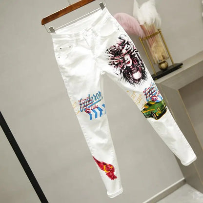 2021 New Autumn Women Jeans Cartoon Graffiti Print Pencil Pants High Waist Stretched Jeans Casual Ankle-length Pants Trousers White 2