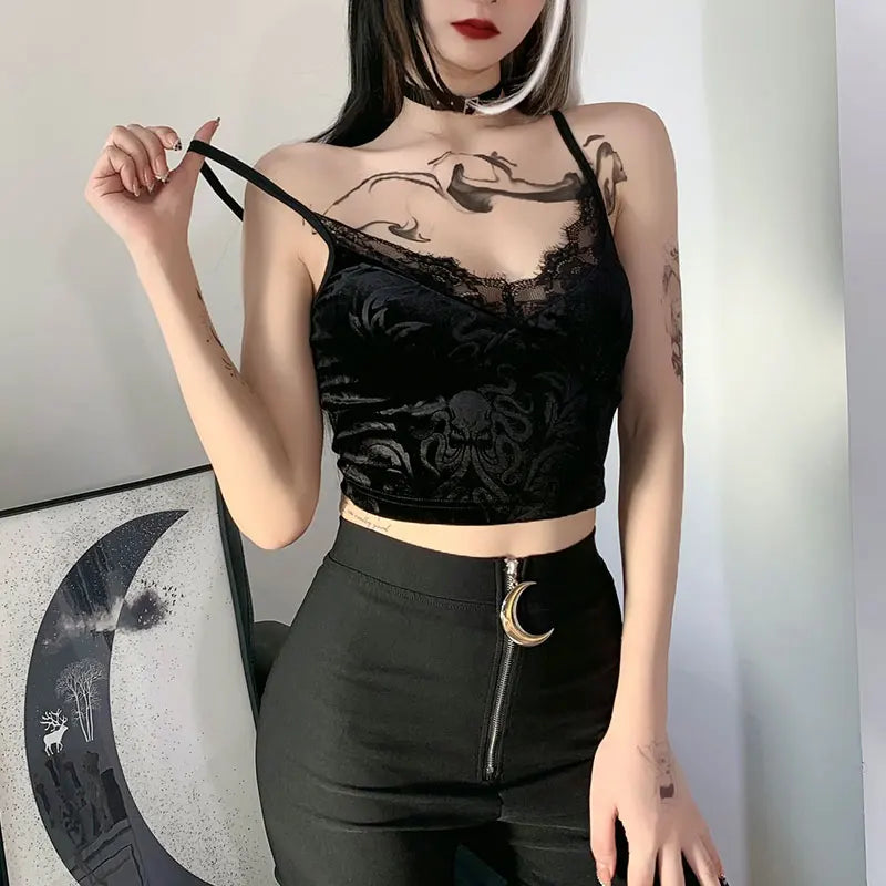 Goth Sexy Lace Corset Crop Tops Camis Y2K Harajuku Aesthetic Black Red Cross Basic Tank Top Summer Women Grunge Emo Streetwear