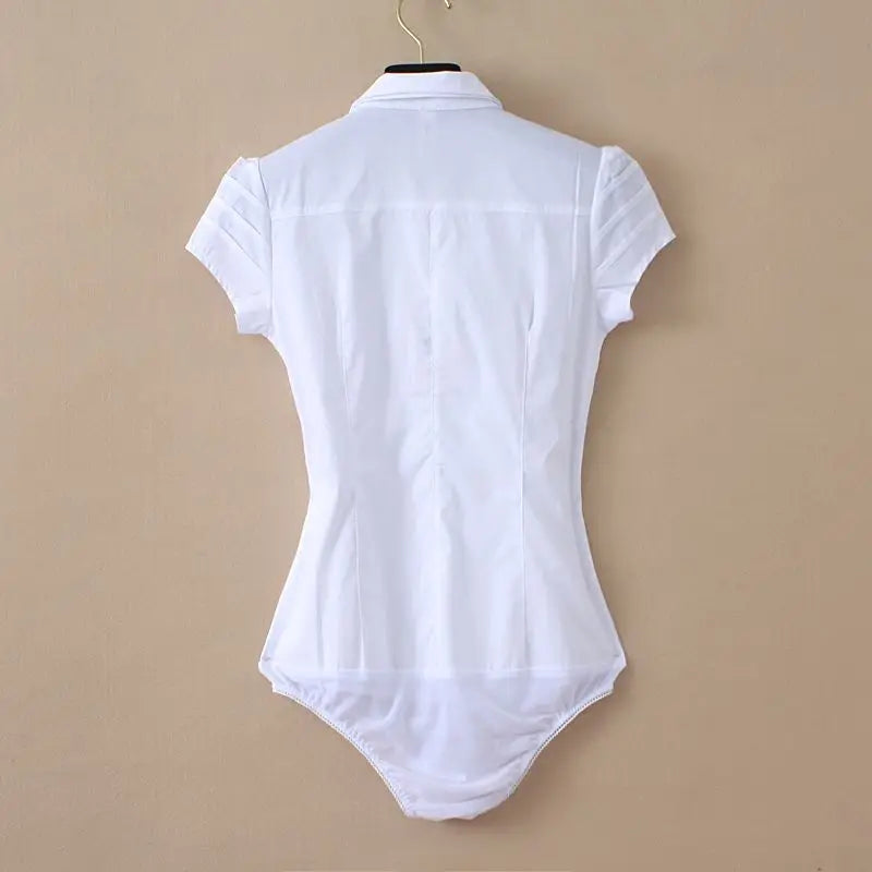 Elegant Bodysuit Women Short Sleeve White Color Shirring Design Blouses And Tops Office Lady Work Wear Formal Body Shirt Female