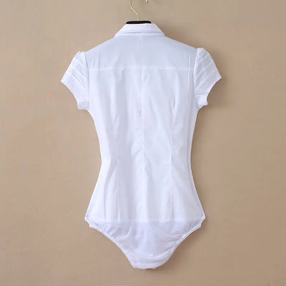 Elegant Bodysuit Women Short Sleeve White Color Shirring Design Blouses And Tops Office Lady Work Wear Formal Body Shirt Female
