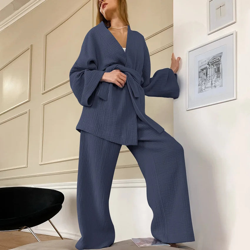 NHKDSASA Kimono Pajamas 2023 New 100% Cotton Crepe Long-Sleeved Trousers Ladies Sleepwear Suit Women's Home Service Mujer Deep Gray