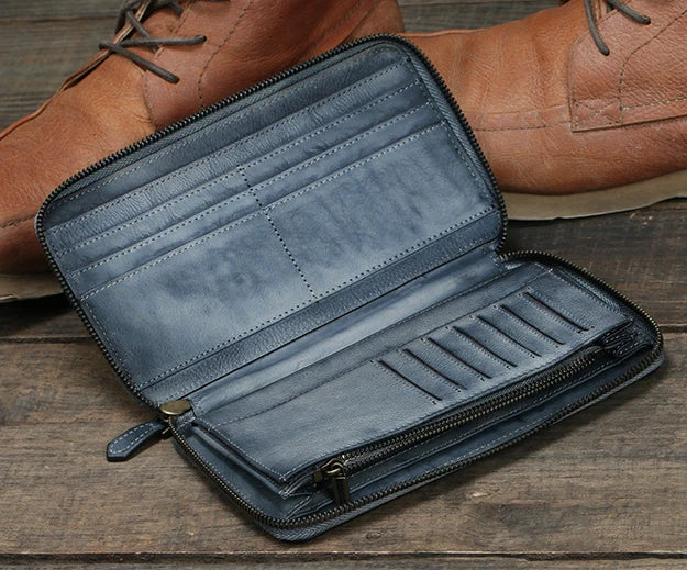 Vintage Genuine leather wallet Men leather long wallet men purse clutch bag male money clips zip around money bag card holder Style1 Grey