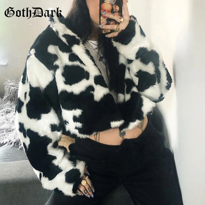 Goth Dark Punk Style Gothic Crop Faux Fur Y2k Coats Fashion Color Block Long Sleeve Women Cardigan Jackets Warm Streetwear 2023