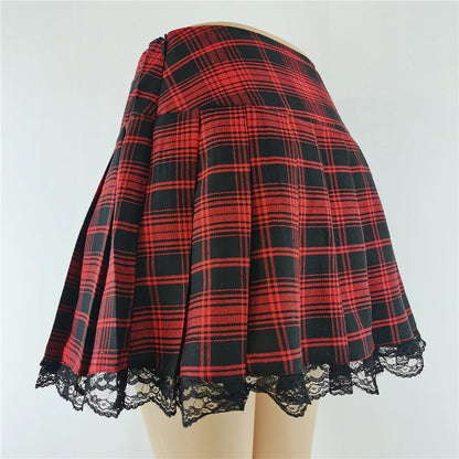 New Contrast Lace Plaid Pleated Skirt Vintage Sexy Skater Clothes Harajuku Gothic Punk England Style Y2k Skirt