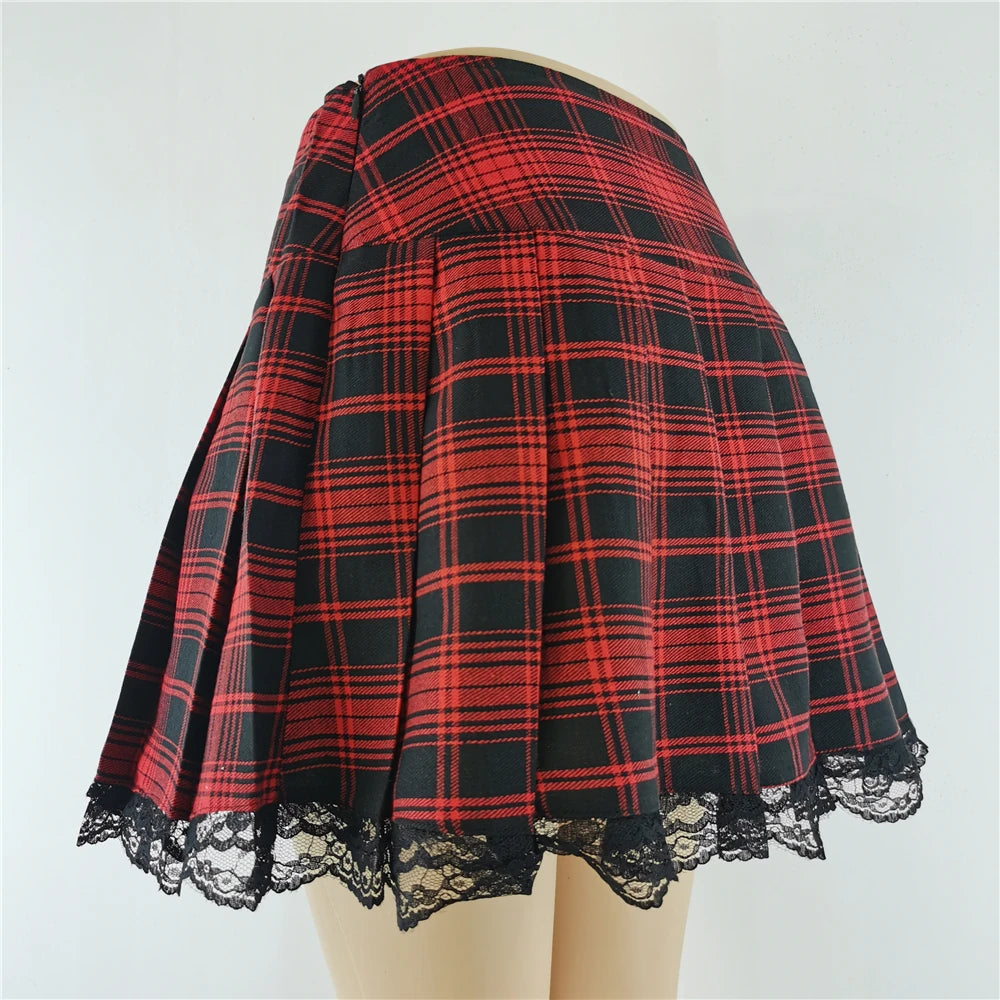 New Contrast Lace Plaid Pleated Skirt Vintage Sexy Skater Clothes Harajuku Gothic Punk England Style Y2k Skirt