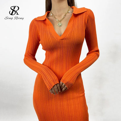 SINGREINY Women Korean Knitted Dress Long Sleeve V Neck Elastic Slim Pencil Dresses 2021 Autumn Sexy Bodycon Split Sweater Dress
