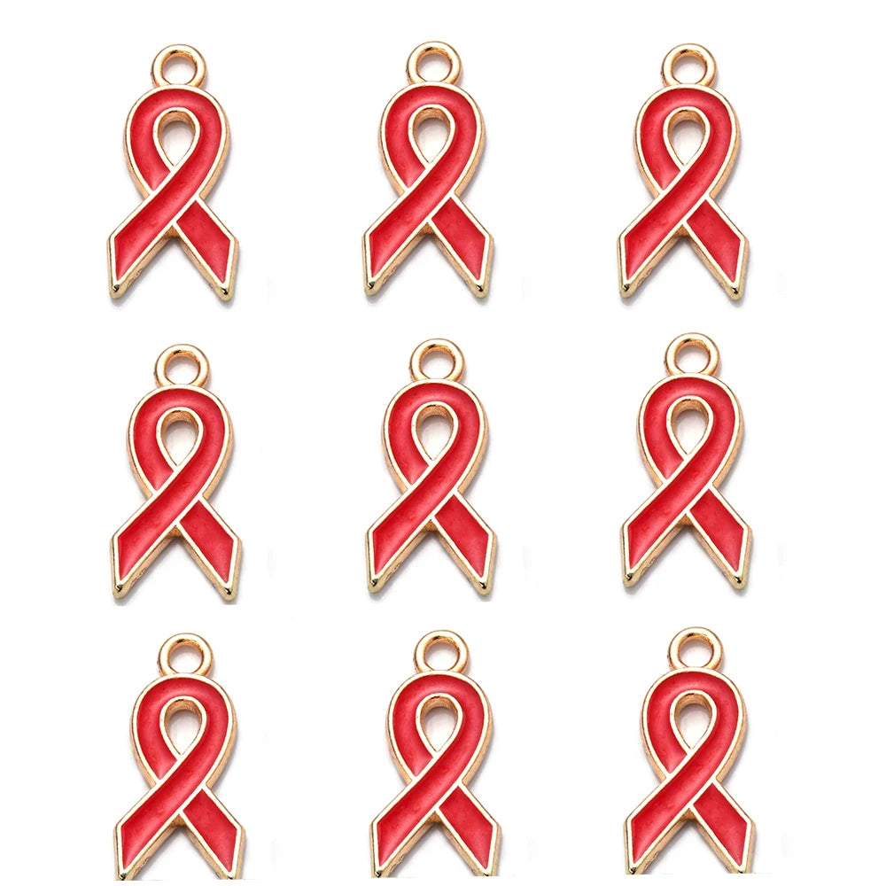 10pcs/lot Breast Cancer Awareness Ribbon Pendant Pink Ribbon Charm Pendants DIY Accessories for Women Jewelry Necklace Bracelet Gold red